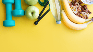 dumbbells, apple, water bottle, jump rope